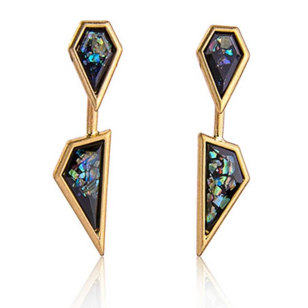 New Black Iridescent Double-Sided Gold Plated Statement Earrings.